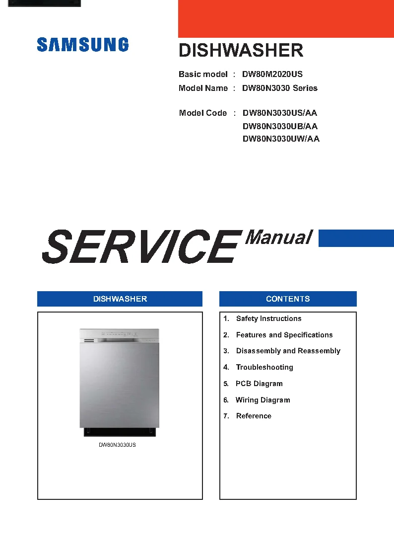 Samsung DW80N3030US Dishwasher Service Manual