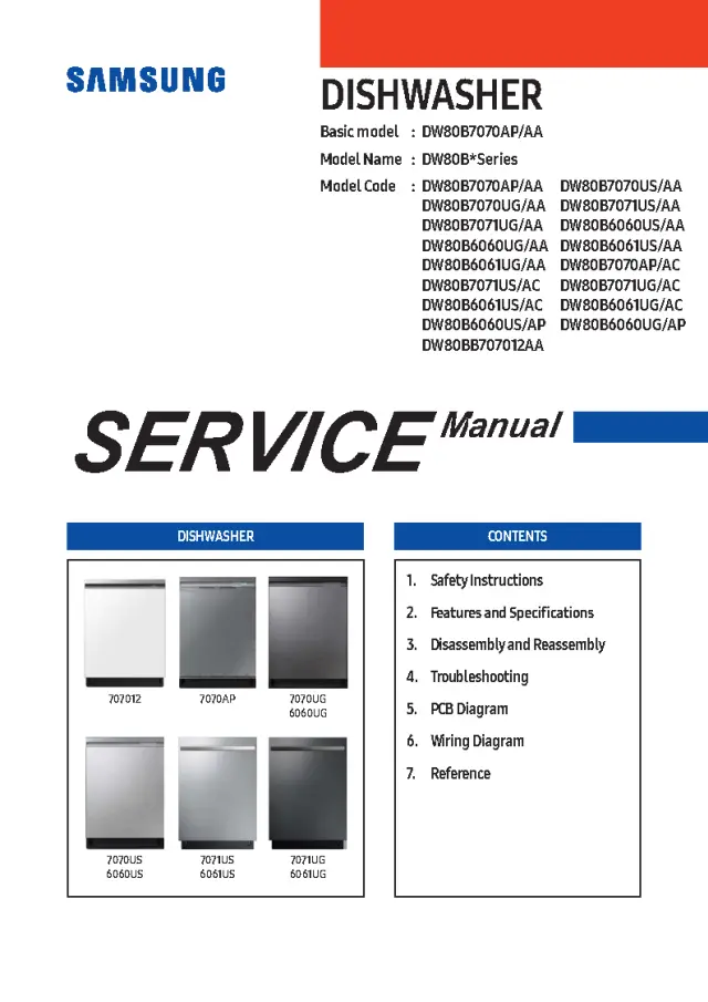 samsung DW80B series dishwasher service manual