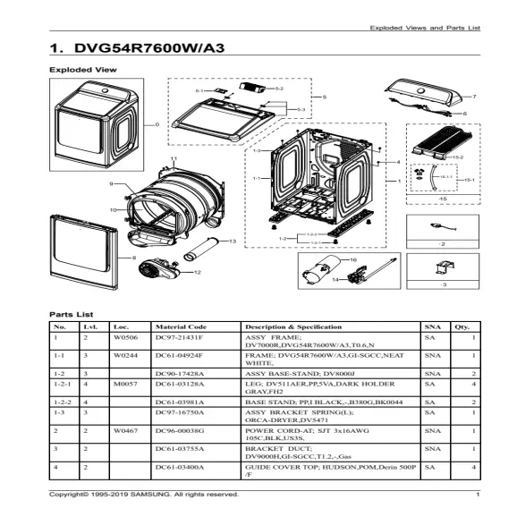 Samsung DVG54R7600W/A3 Parts Diagram PDF